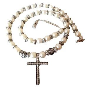 Coquette Gothic Chic Cross Pendant Necklace Faux Pearl Bead Dainty Classic Soft